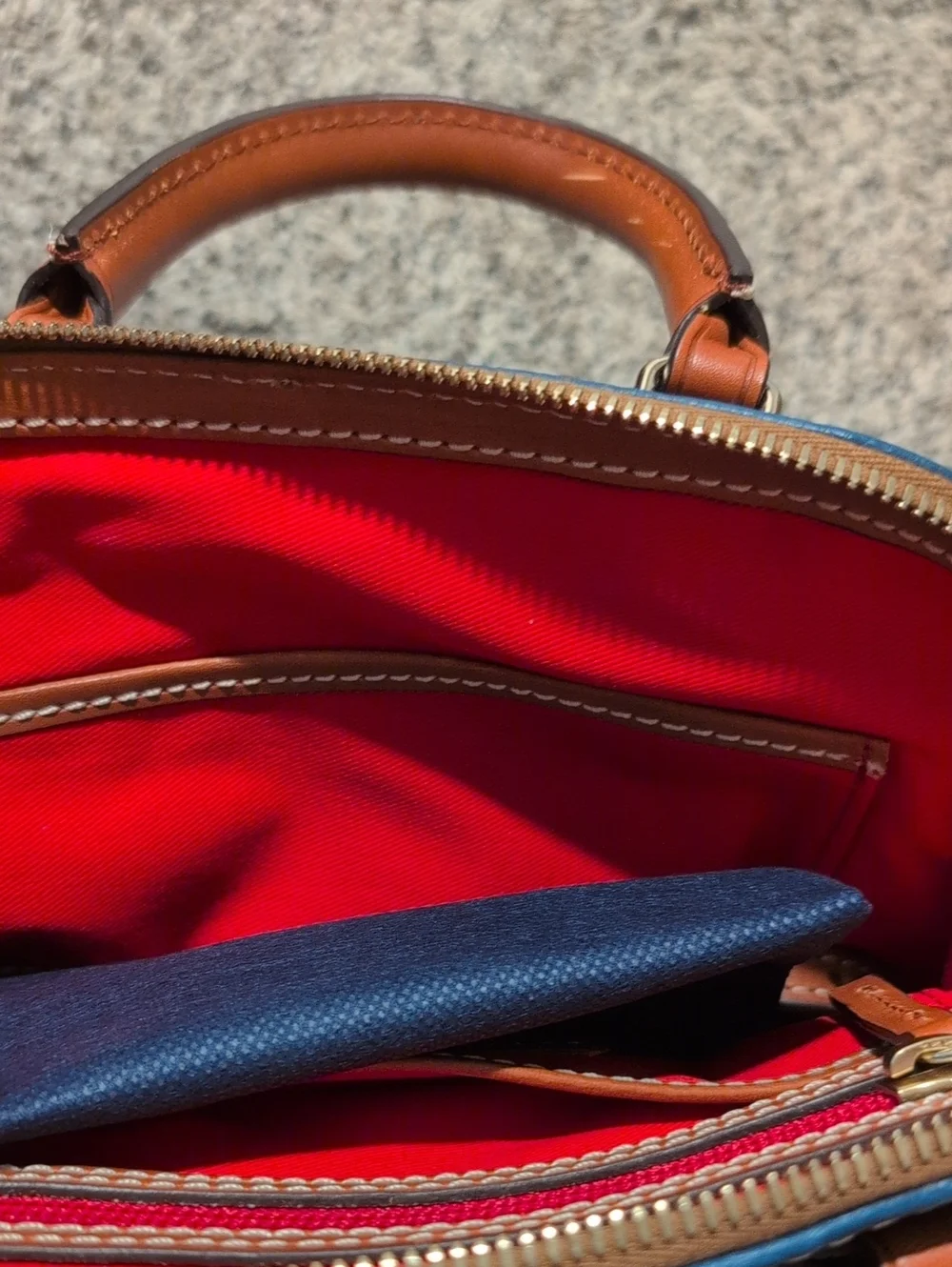 Dooney & Bourke Blue Pebbled Leather Satchel with Tan Trim